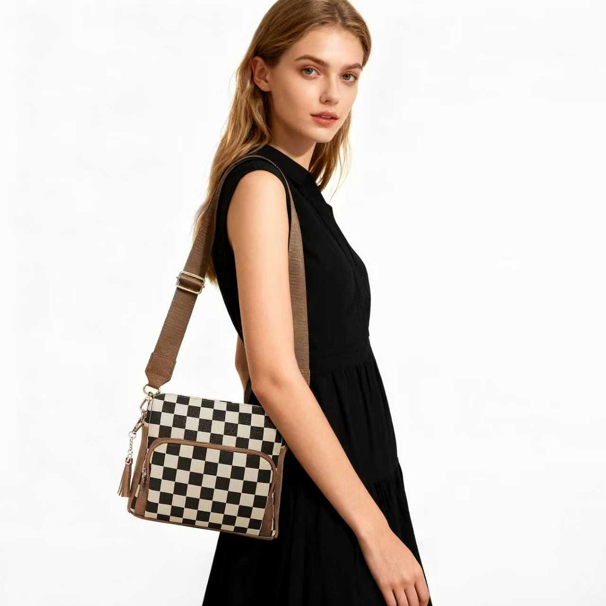 Ounamei Checkered Boxy Crossbody Bag with Multi Pockets & Built-in Wallet & Tassel Charm for Women Shoulder Purse
