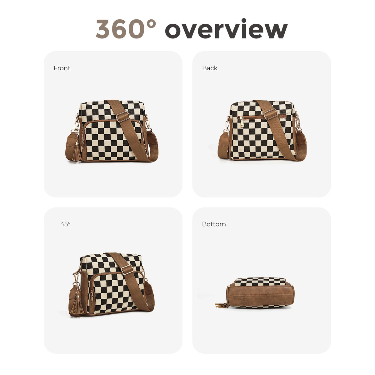 Ounamei Checkered Boxy Crossbody Bag with Multi Pockets & Built-in Wallet & Tassel Charm for Women Shoulder Purse