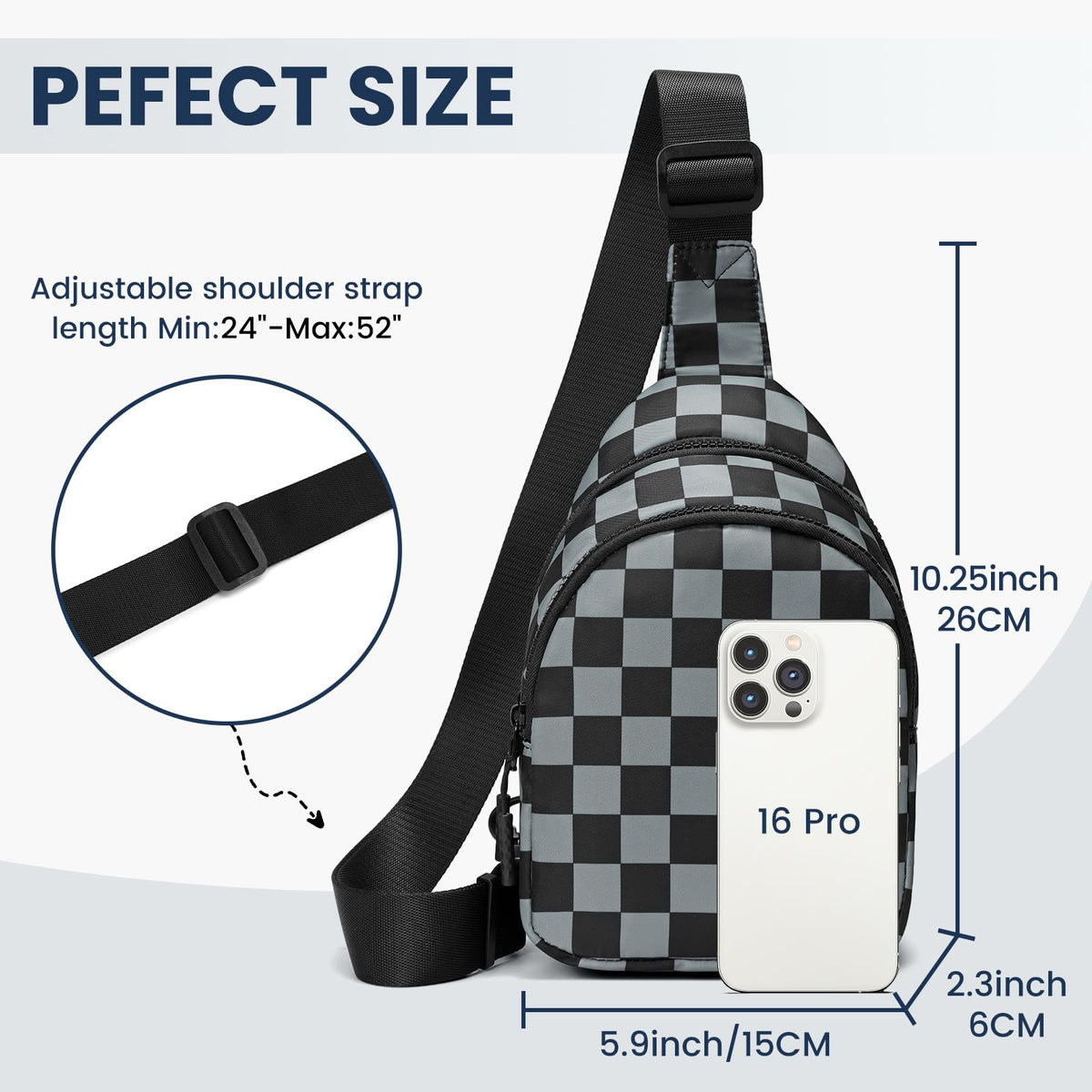 Ounamei Checkered Sling Bag Lightweight Crossbody Chest Bag with Adjustable Strap, Water-Resistant Nylon, Travel & Everyday Use