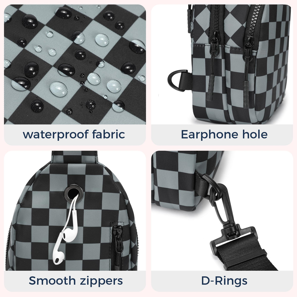 Ounamei Checkered Sling Bag Lightweight Crossbody Chest Bag with Adjustable Strap, Water-Resistant Nylon, Travel & Everyday Use