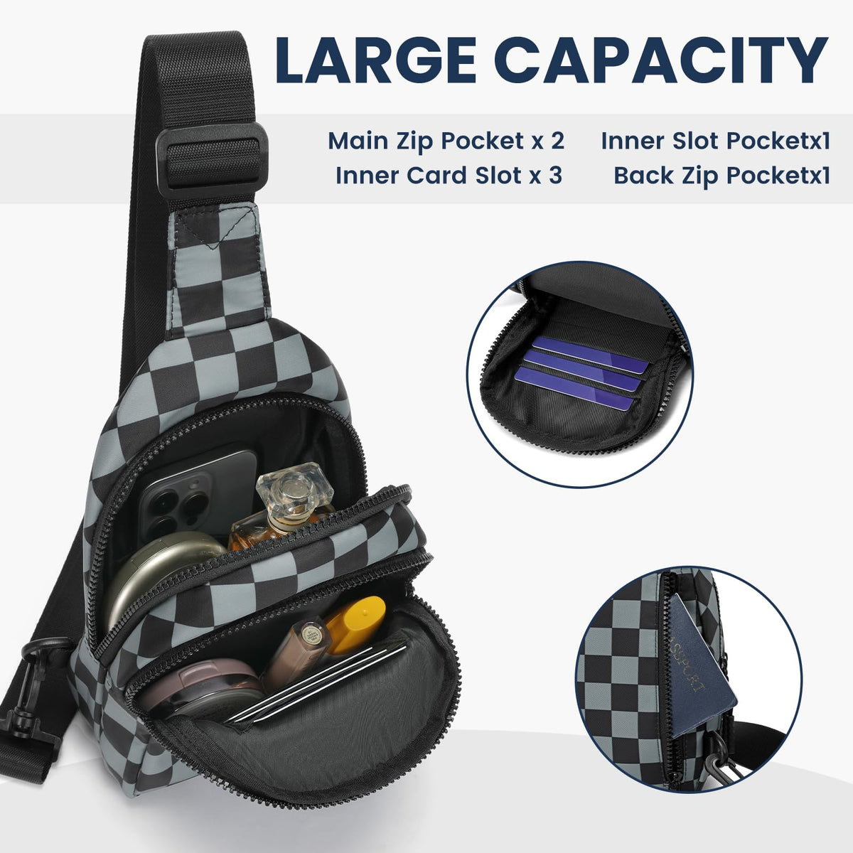 Ounamei Checkered Sling Bag Lightweight Crossbody Chest Bag with Adjustable Strap, Water-Resistant Nylon, Travel & Everyday Use