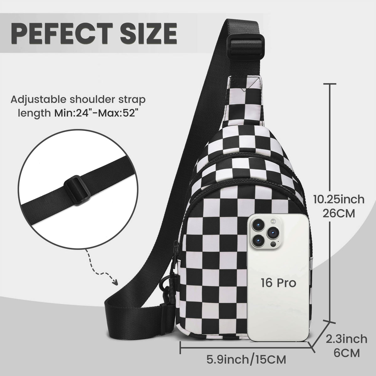 Ounamei Checkered Sling Bag Lightweight Crossbody Chest Bag with Adjustable Strap, Water-Resistant Nylon, Travel & Everyday Use