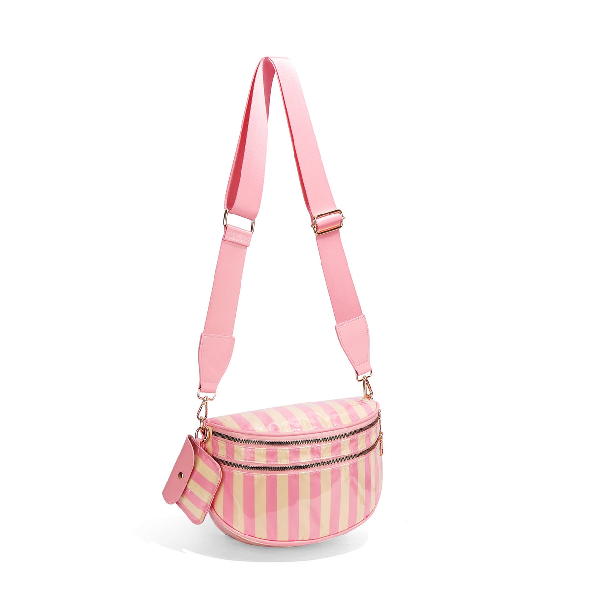 Ounamei Waterproof PVC Striped Crossbody Bum Bag for Women | Pink & Green / Pink & Yellow Nylon Belt Bag for Travel & Everyday Use