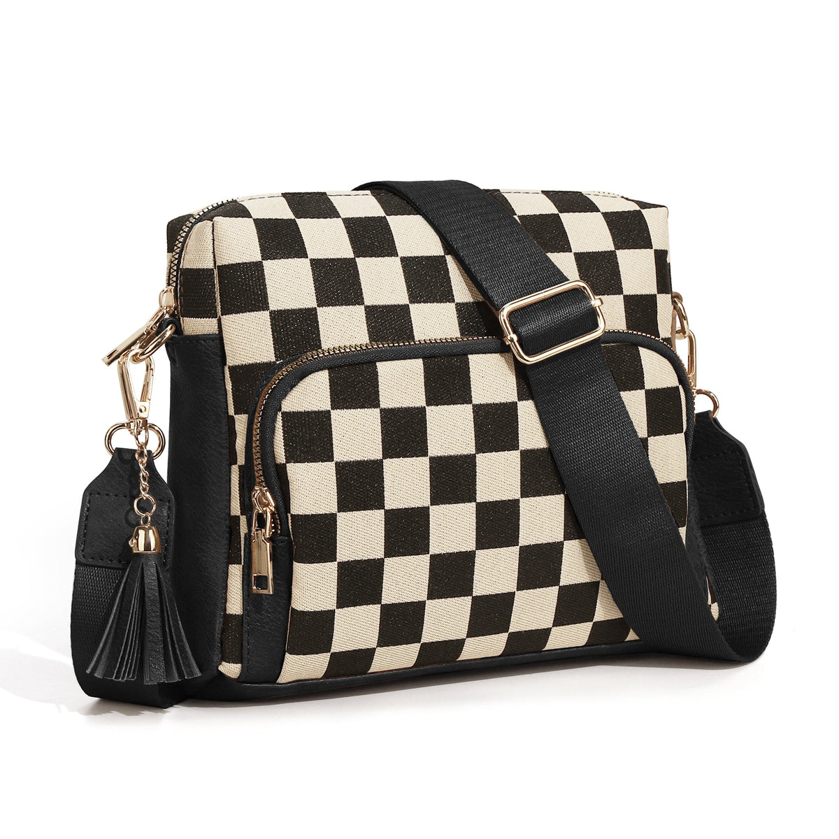 Ounamei Checkered Boxy Crossbody Bag with Multi Pockets & Built-in Wallet & Tassel Charm for Women Shoulder Purse