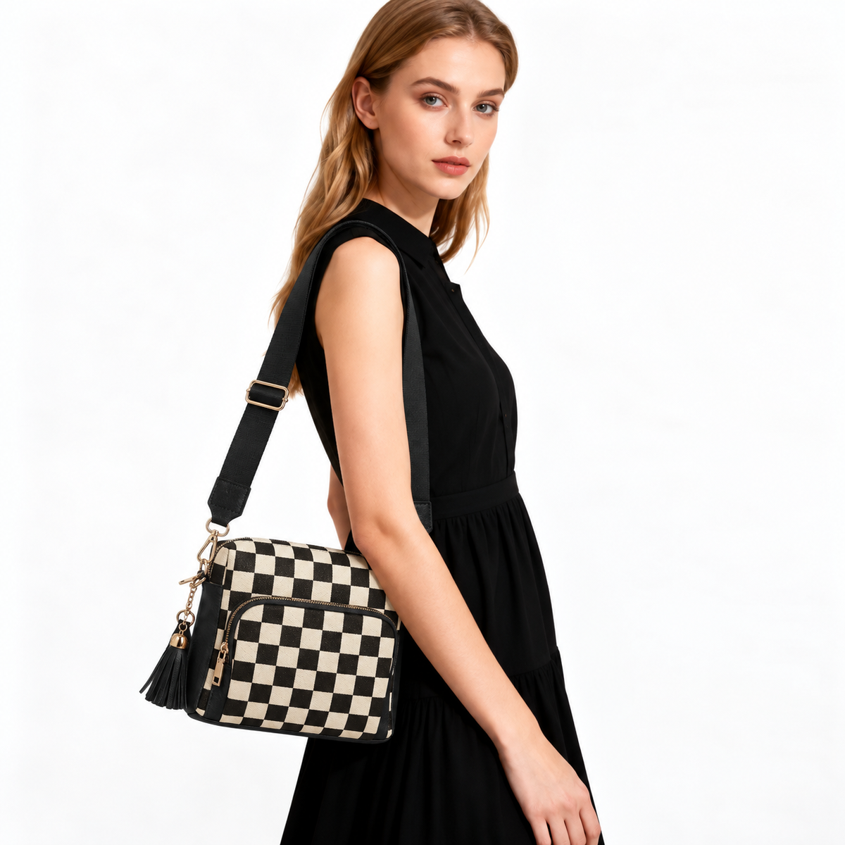 Ounamei Checkered Boxy Crossbody Bag with Multi Pockets & Built-in Wallet & Tassel Charm for Women Shoulder Purse
