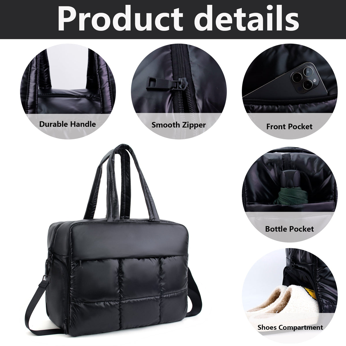 Ounamei Weekender Puffer Tote Bag | Quilted Nylon Puffy Travel Bag with Adjustable Straps, Lightweight Overnight Bag for Gym, Work & Airlines