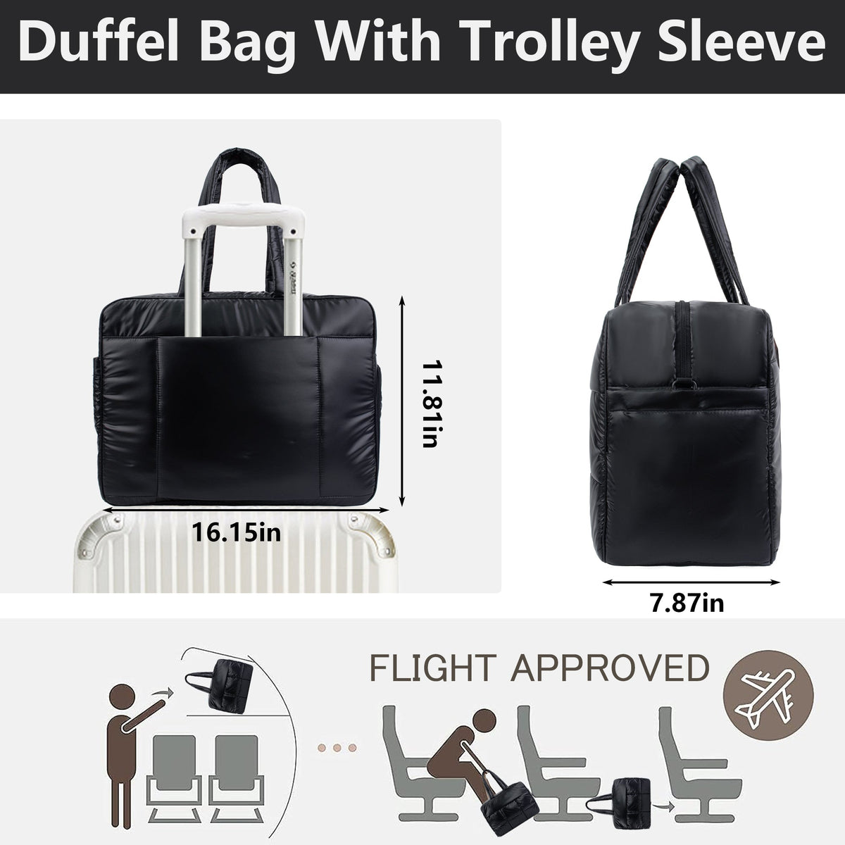 Ounamei Weekender Puffer Tote Bag | Quilted Nylon Puffy Travel Bag with Adjustable Straps, Lightweight Overnight Bag for Gym, Work & Airlines
