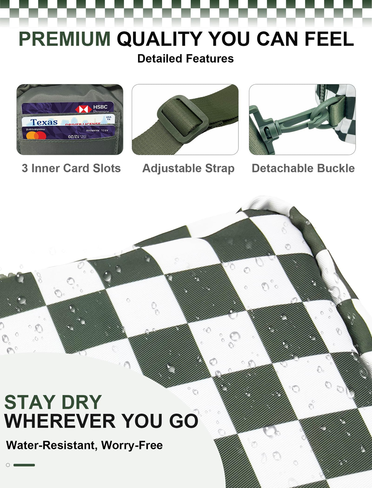 Ounamei Checkered Sling Bag Lightweight Crossbody Chest Bag with Adjustable Strap, Water-Resistant Nylon, Travel & Everyday Use