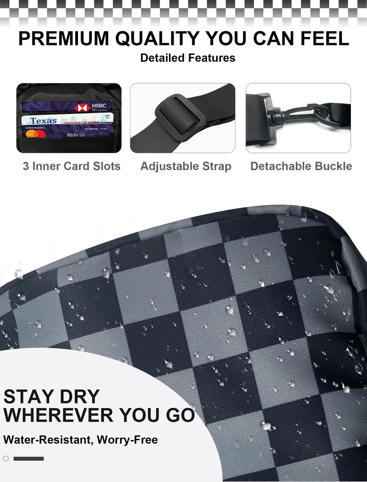 Ounamei Checkered Sling Bag Lightweight Crossbody Chest Bag with Adjustable Strap, Water-Resistant Nylon, Travel & Everyday Use