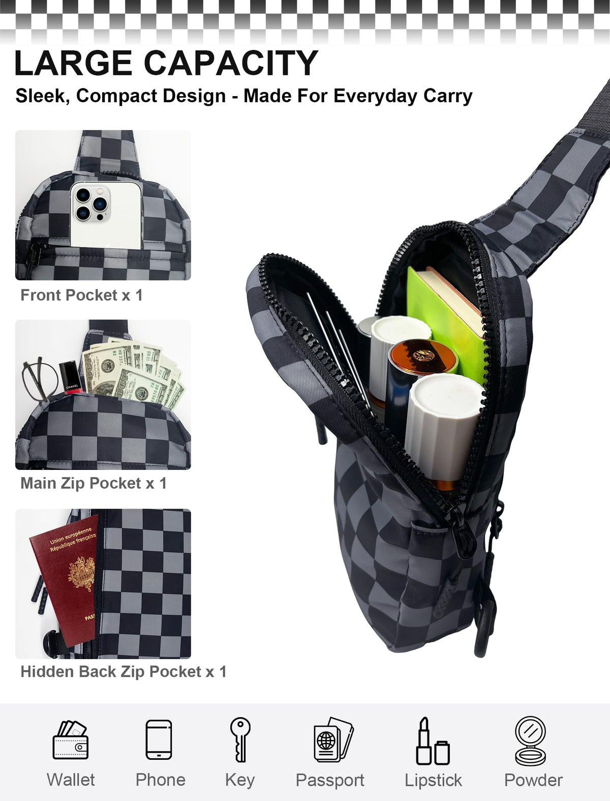 Ounamei Checkered Sling Bag Lightweight Crossbody Chest Bag with Adjustable Strap, Water-Resistant Nylon, Travel & Everyday Use