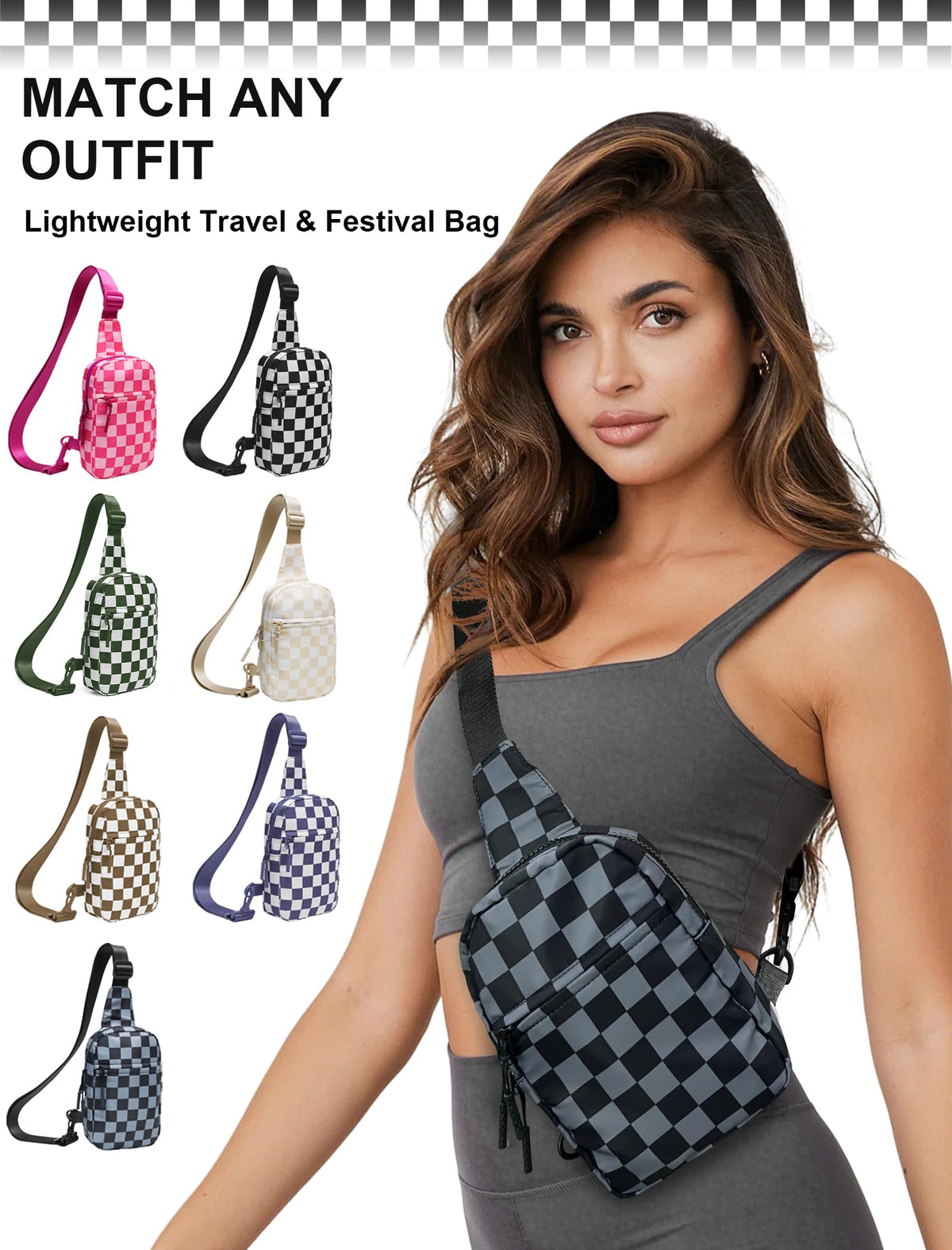 Ounamei Checkered Sling Bag Lightweight Crossbody Chest Bag with Adjustable Strap, Water-Resistant Nylon, Travel & Everyday Use