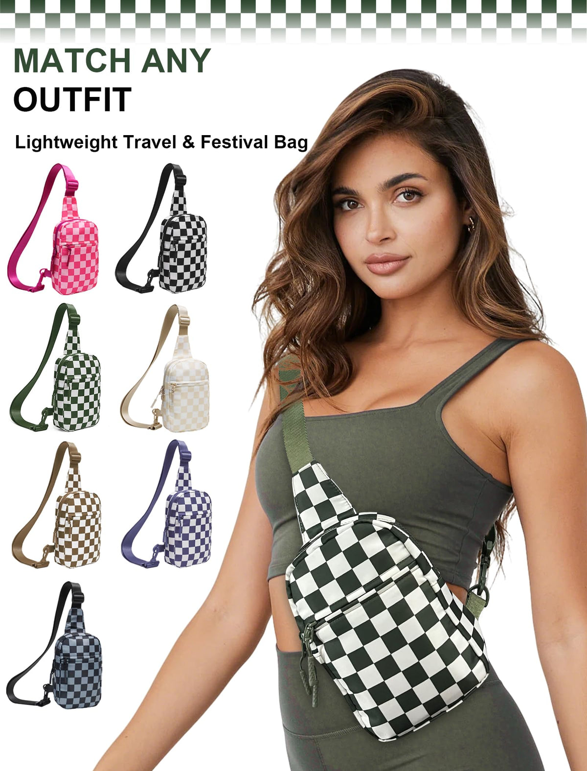 Ounamei Checkered Sling Bag Lightweight Crossbody Chest Bag with Adjustable Strap, Water-Resistant Nylon, Travel & Everyday Use