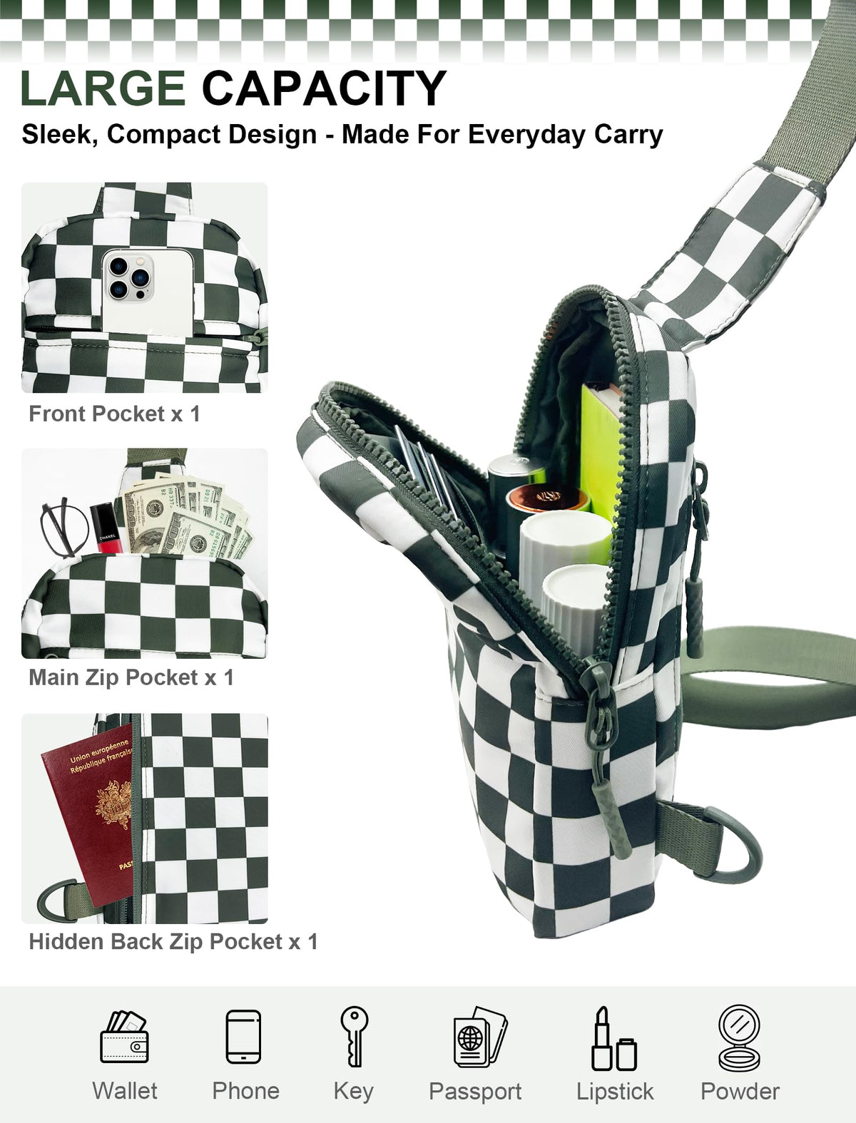 Ounamei Checkered Sling Bag Lightweight Crossbody Chest Bag with Adjustable Strap, Water-Resistant Nylon, Travel & Everyday Use