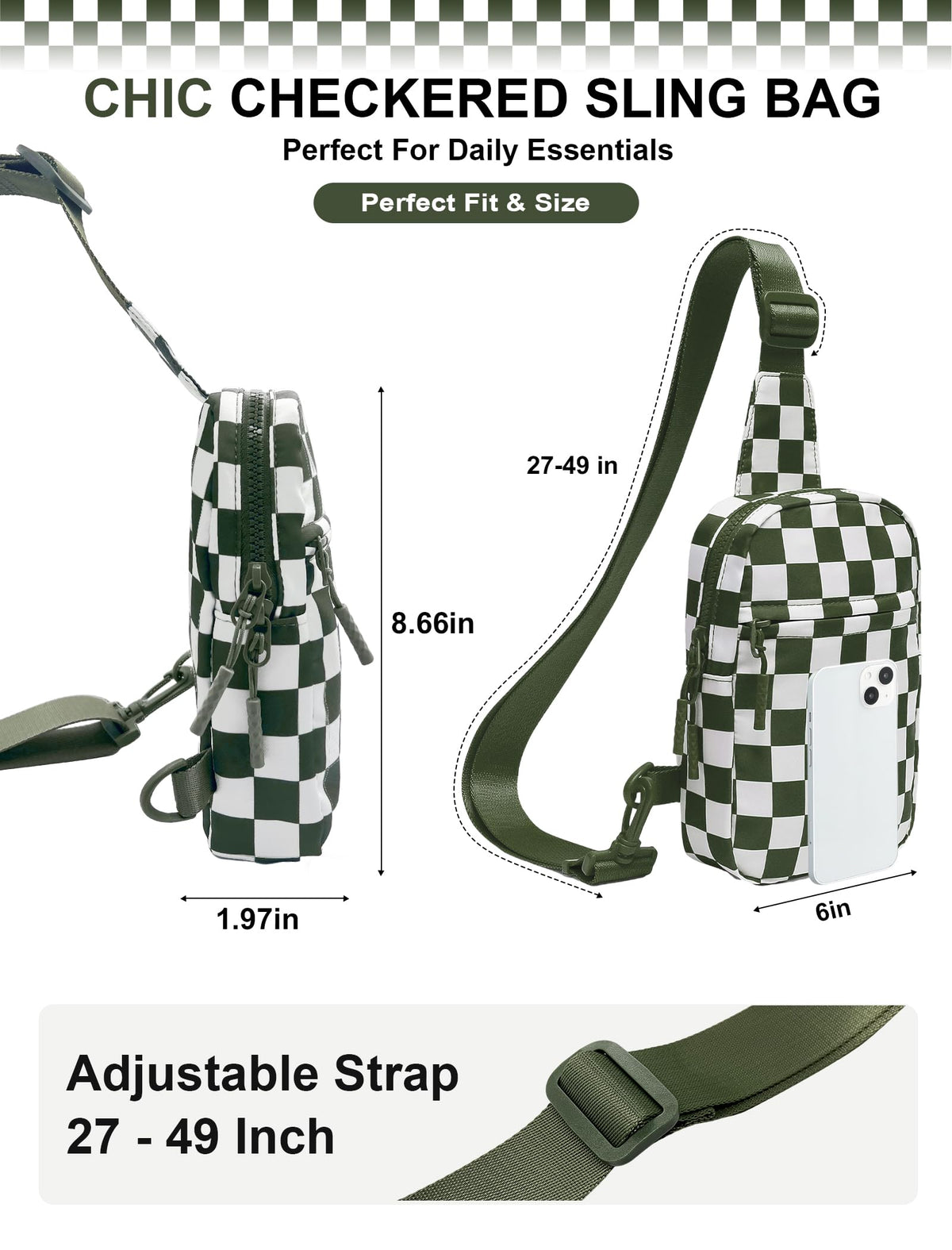 Ounamei Checkered Sling Bag Lightweight Crossbody Chest Bag with Adjustable Strap, Water-Resistant Nylon, Travel & Everyday Use