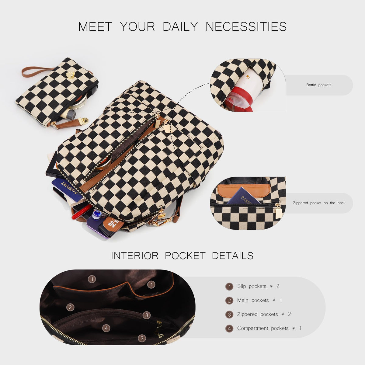 Ounamei Checkered Backpack Purse with a Pouch for Women | Canvas & PU Leather Carry-All Backpack for Daily & Travel Use