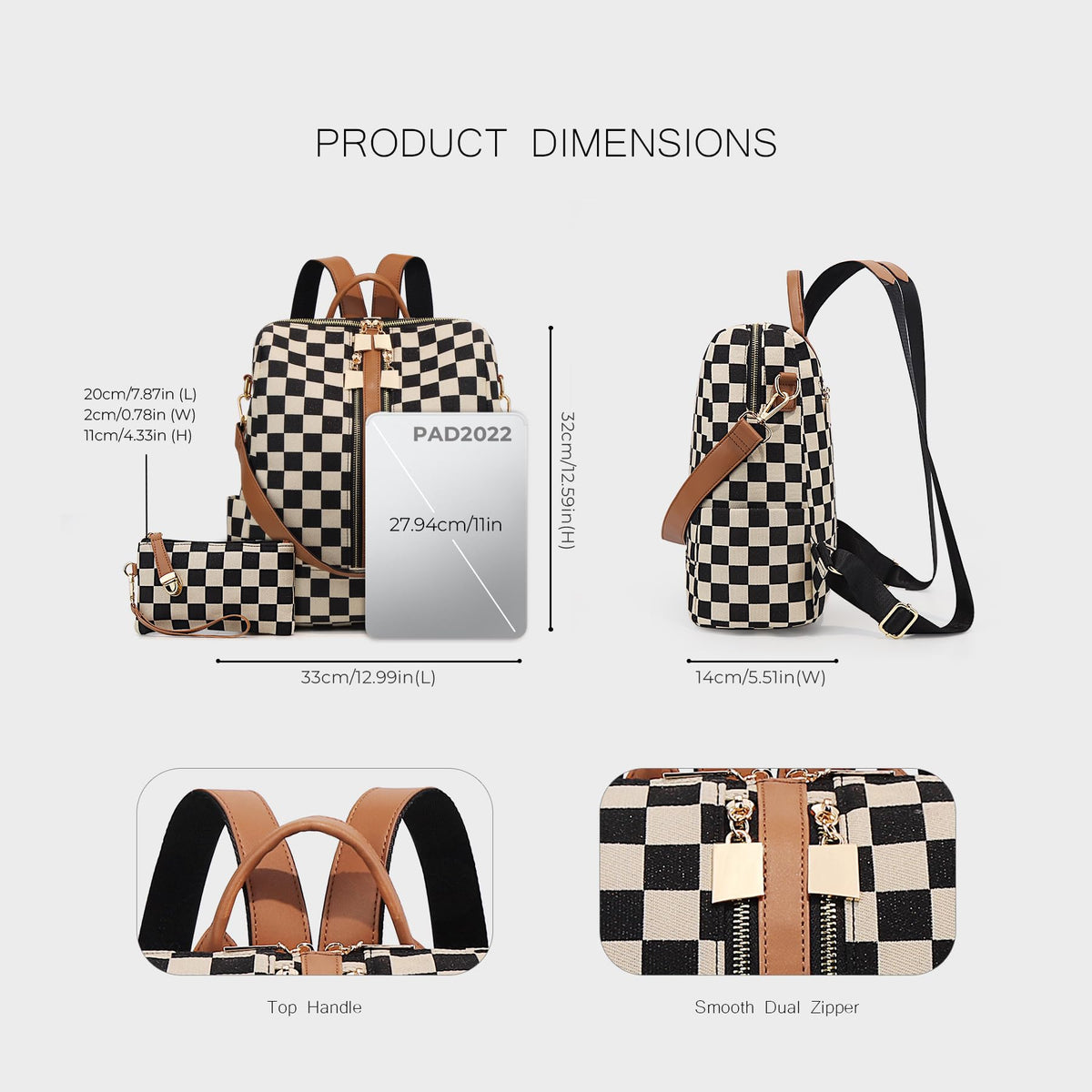 Ounamei Checkered Backpack Purse with a Pouch for Women | Canvas & PU Leather Carry-All Backpack for Daily & Travel Use