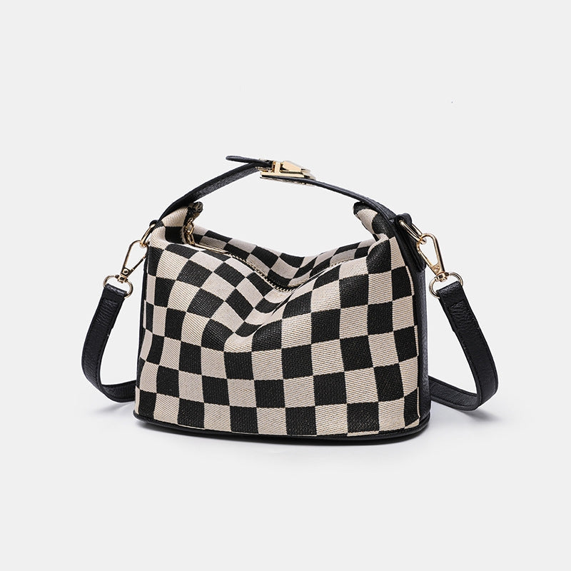 Ounamei Checkered Canvas Handbag with Leather Trim | Top Handle Shoulder & Crossbody Mini Box Bag