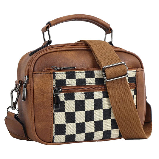 Ounamei Checkered Crossbody Bag for Women | PU Leather Plaid Shoulder Purse with Adjustable Strap, Available in Handle & Handle-Free Styles