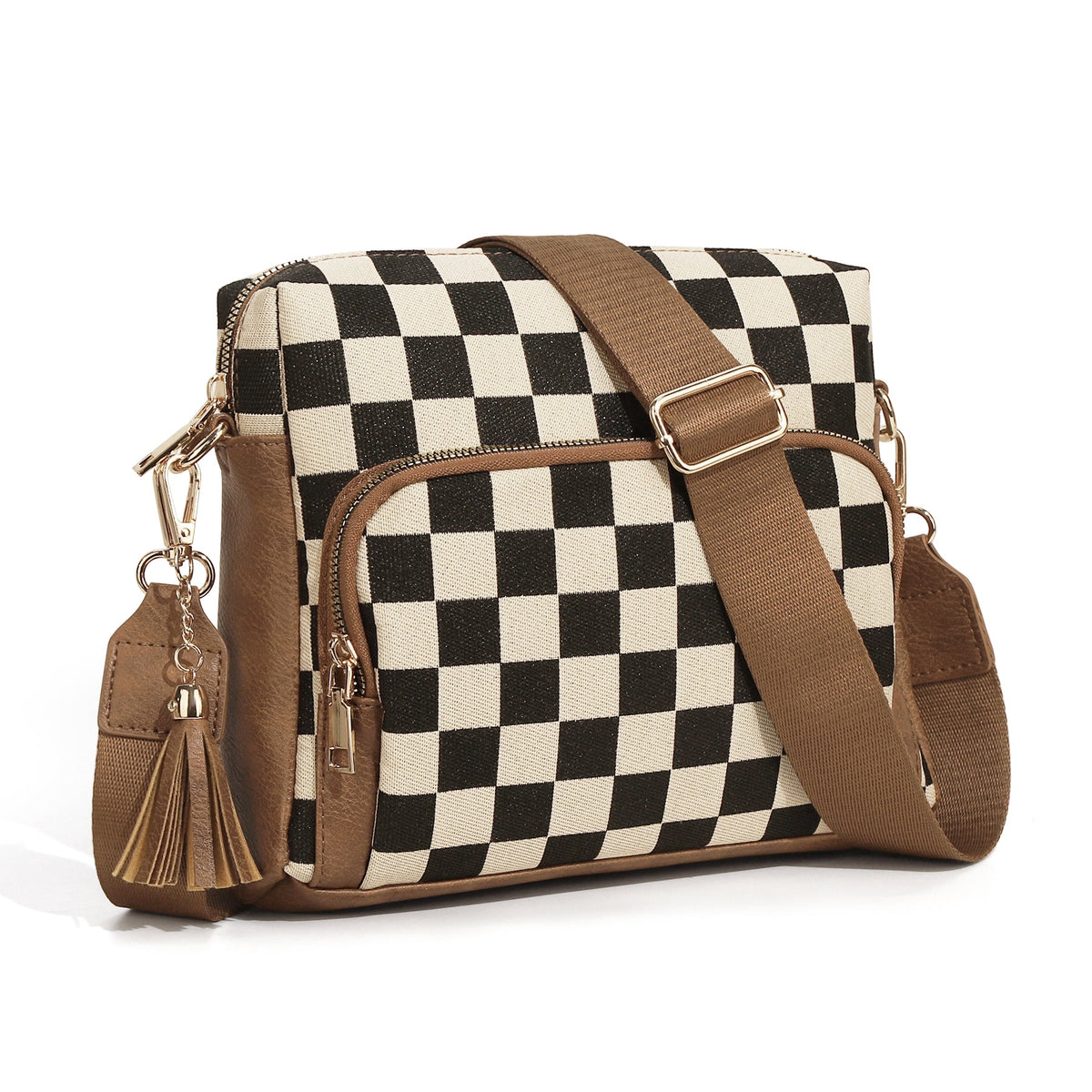 Ounamei Checkered Boxy Crossbody Bag with Multi Pockets & Built-in Wallet & Tassel Charm  for Women Shoulder Purse