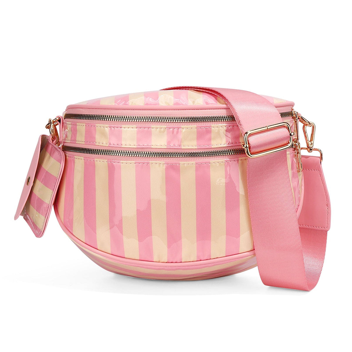 Ounamei Waterproof PVC Striped Crossbody Bum Bag for Women | Pink & Green / Pink & Yellow Nylon Belt Bag for Travel & Everyday Use