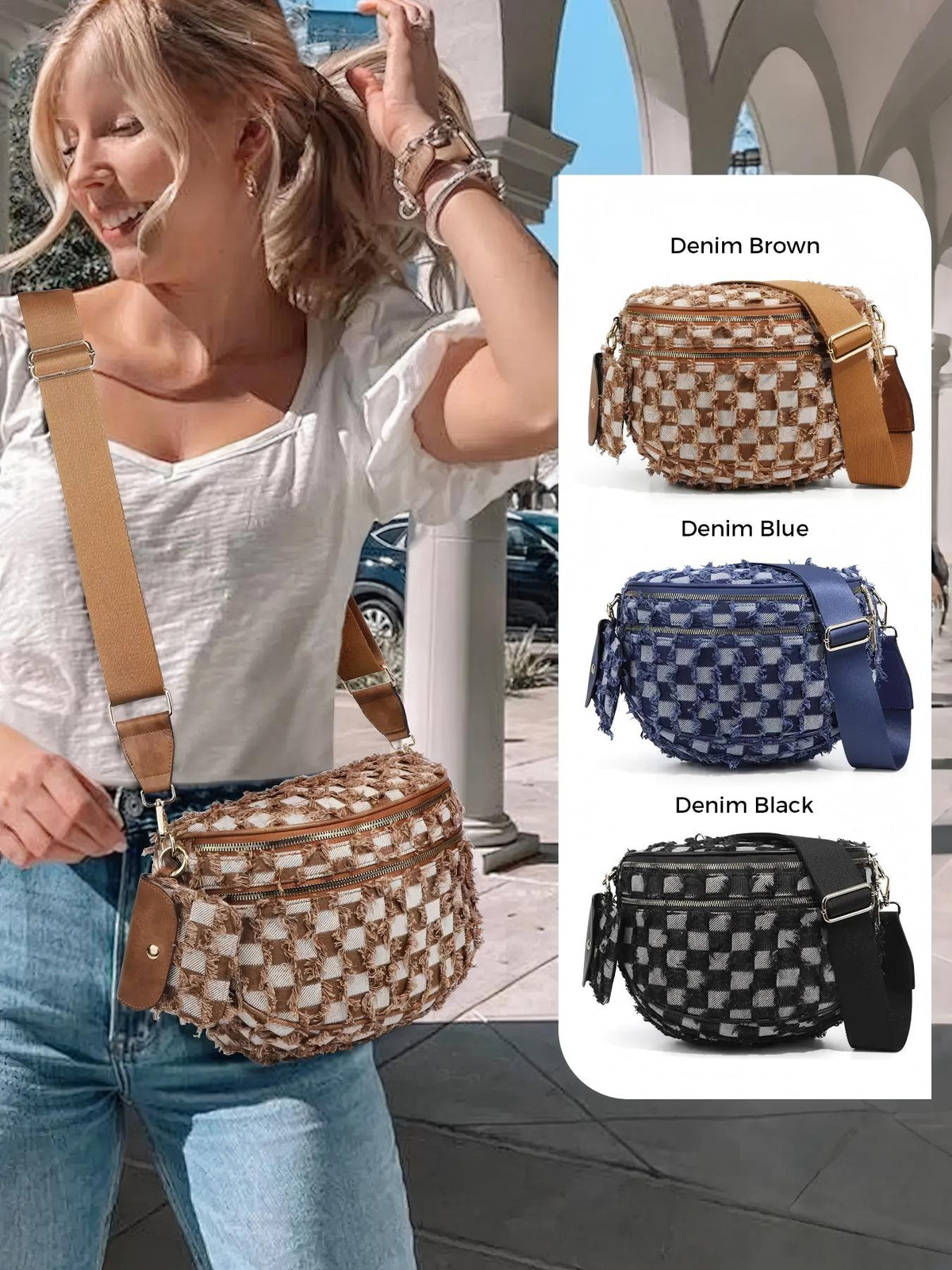 Ounamei Checkered Crossbody Bum Bag for Women Large Capacity Belt Bag for Moms & Everyday Travel