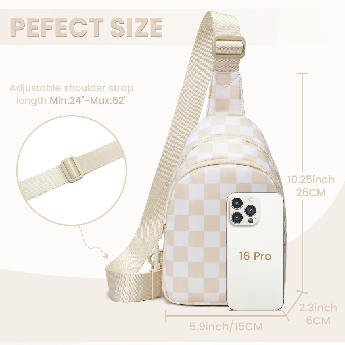 Ounamei Checkered Sling Bag Lightweight Crossbody Chest Bag with Adjustable Strap, Water-Resistant Nylon, Travel & Everyday Use