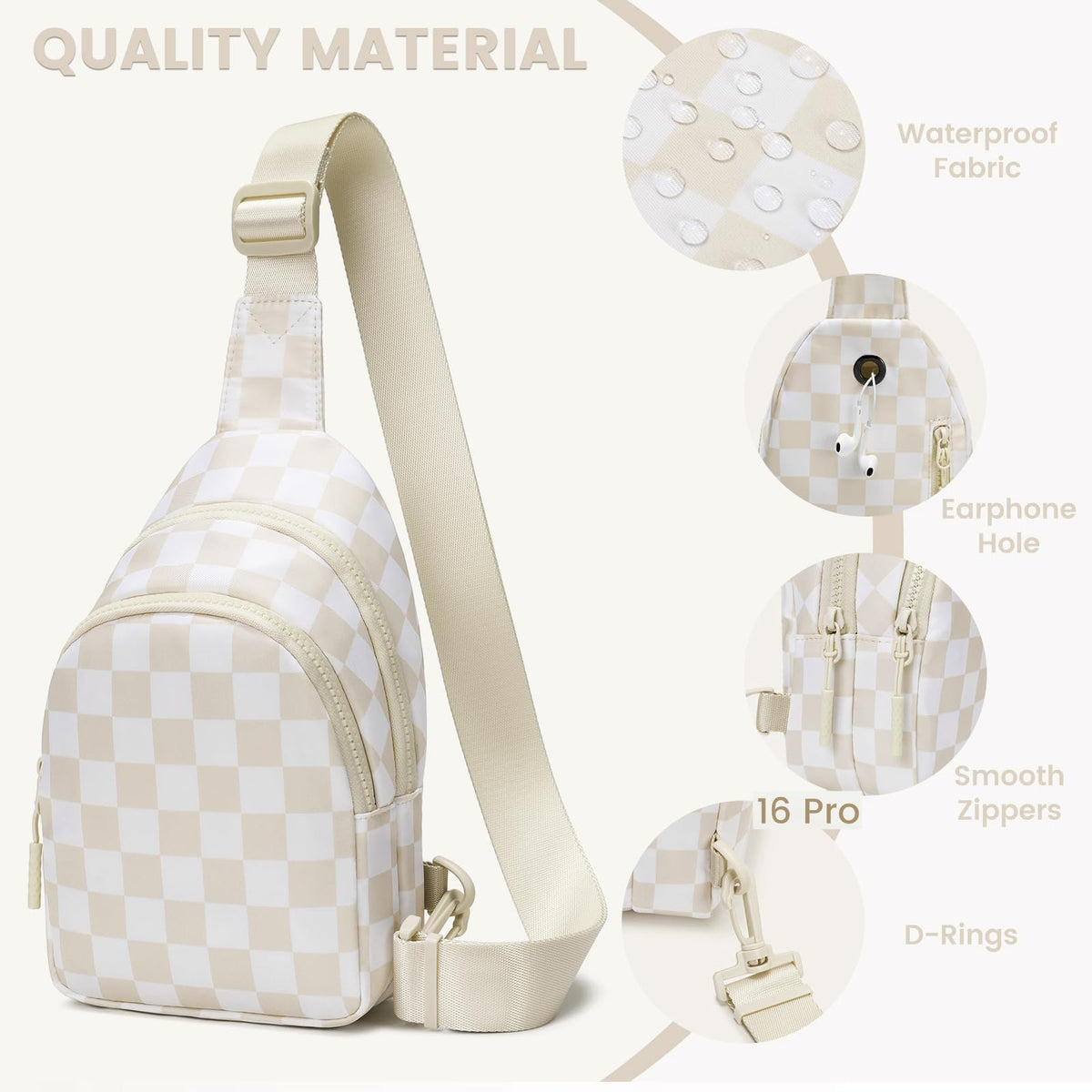 Ounamei Checkered Sling Bag Lightweight Crossbody Chest Bag with Adjustable Strap, Water-Resistant Nylon, Travel & Everyday Use