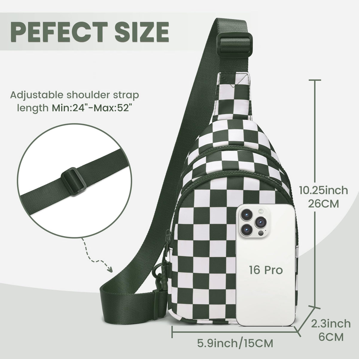 Ounamei Checkered Sling Bag Lightweight Crossbody Chest Bag with Adjustable Strap, Water-Resistant Nylon, Travel & Everyday Use