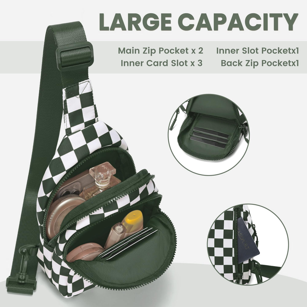 Ounamei Checkered Sling Bag Lightweight Crossbody Chest Bag with Adjustable Strap, Water-Resistant Nylon, Travel & Everyday Use
