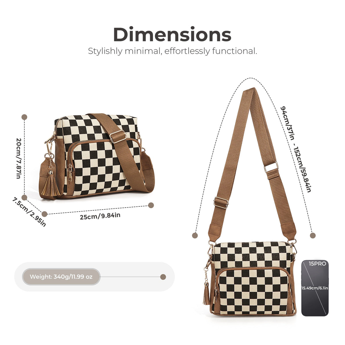Ounamei Checkered Boxy Crossbody Bag with Multi Pockets & Built-in Wallet & Tassel Charm  for Women Shoulder Purse