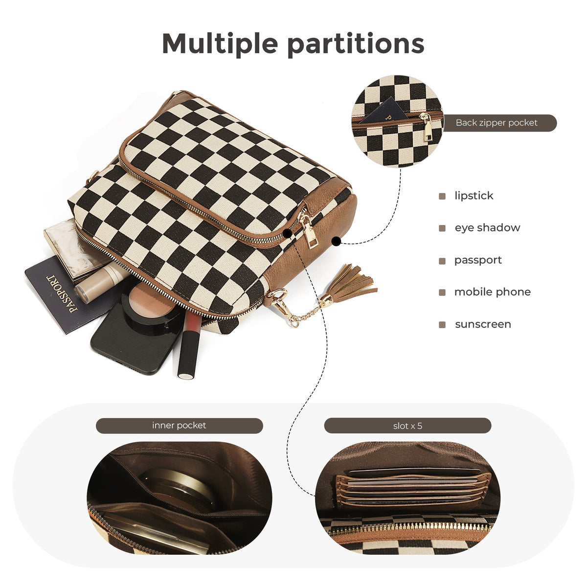 Ounamei Checkered Boxy Crossbody Bag with Multi Pockets & Built-in Wallet & Tassel Charm  for Women Shoulder Purse