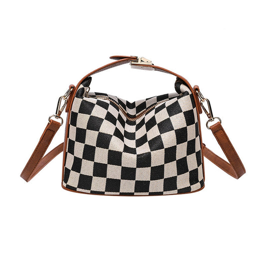 Ounamei Checkered Canvas Handbag with Leather Trim | Top Handle Shoulder & Crossbody Mini Box Bag