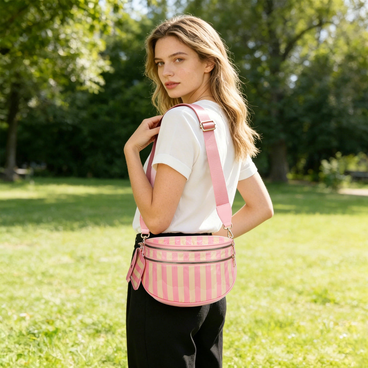 Ounamei Waterproof PVC Striped Crossbody Bum Bag for Women | Pink & Green / Pink & Yellow Nylon Belt Bag for Travel & Everyday Use
