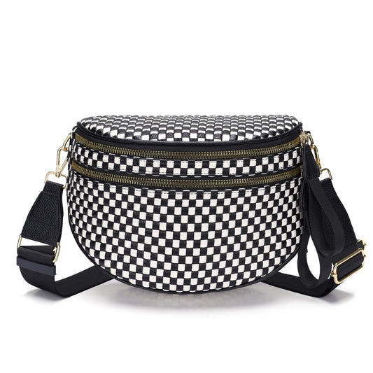 Ounamei Checkered Woven Crossbody Bum Bag | Vegan Leather Sling Bag with Adjustable Strap