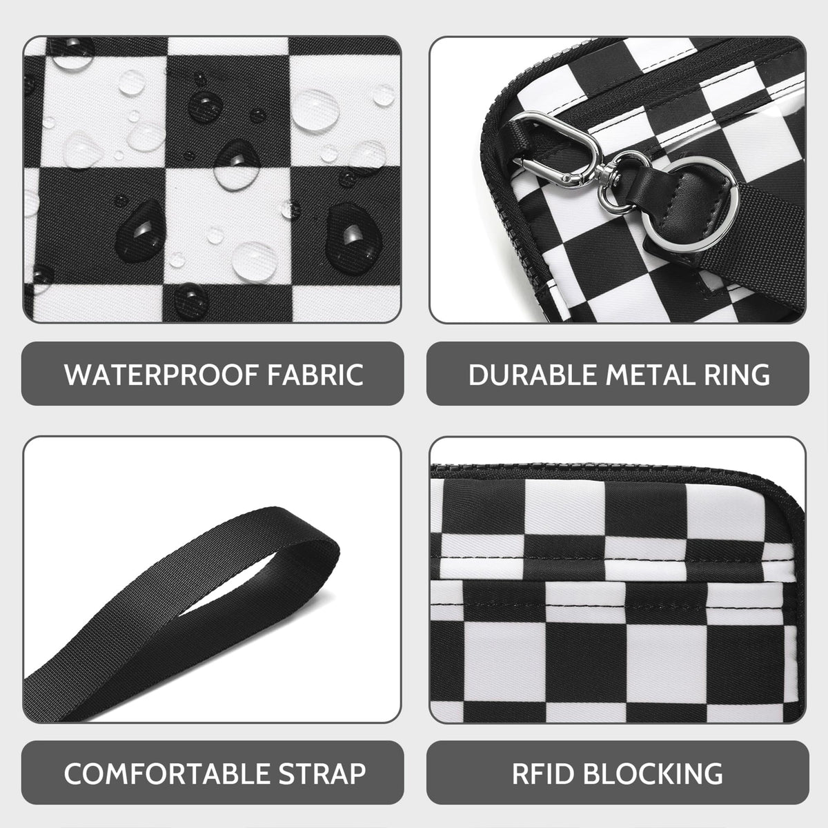Ounamei Quilted Nylon Wristlet Crossbody Wallet for Women 4-Zipper Small Bag with RFID Protection & Adjustable Strap