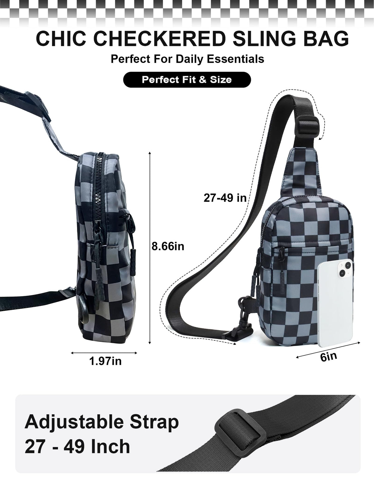 Ounamei Checkered Sling Bag Lightweight Crossbody Chest Bag with Adjustable Strap, Water-Resistant Nylon, Travel & Everyday Use
