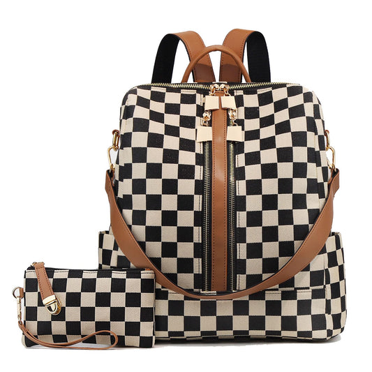 Ounamei Checkered Backpack Purse with a Pouch for Women | Canvas & PU Leather Carry-All Backpack for Daily & Travel Use