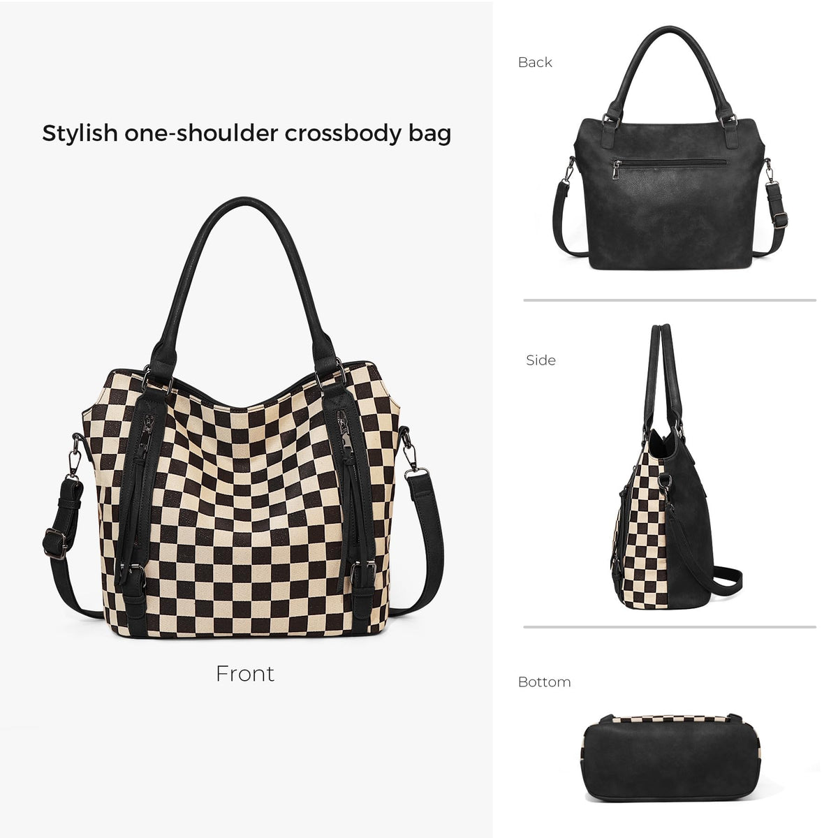 Ounamei Plaid Carry-All Hobo Tote Bag with Pouch for Women | PU Leather & Canvas Large-Capacity Shoulder & Crossbody Bag for Daily Use