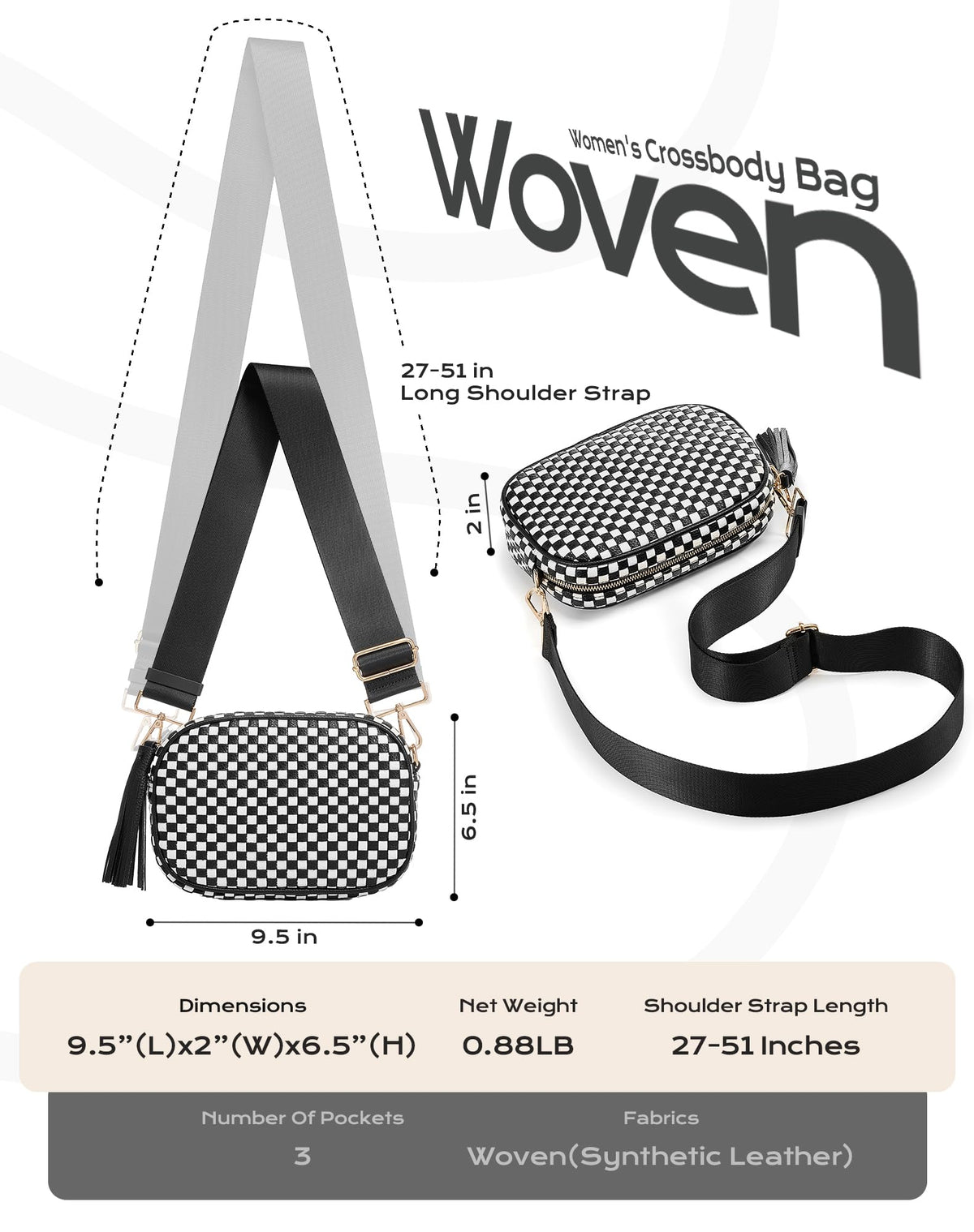 Ounamei PU Leather Woven Crossbody Bag | Checkered Shoulder & Belt Bag for Women