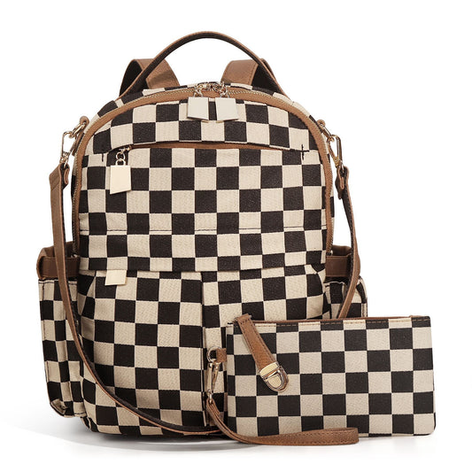 Ounamei Checkered Backpack Purse for Women | Anti-Theft Travel & Work Bag with Matching Pouch
