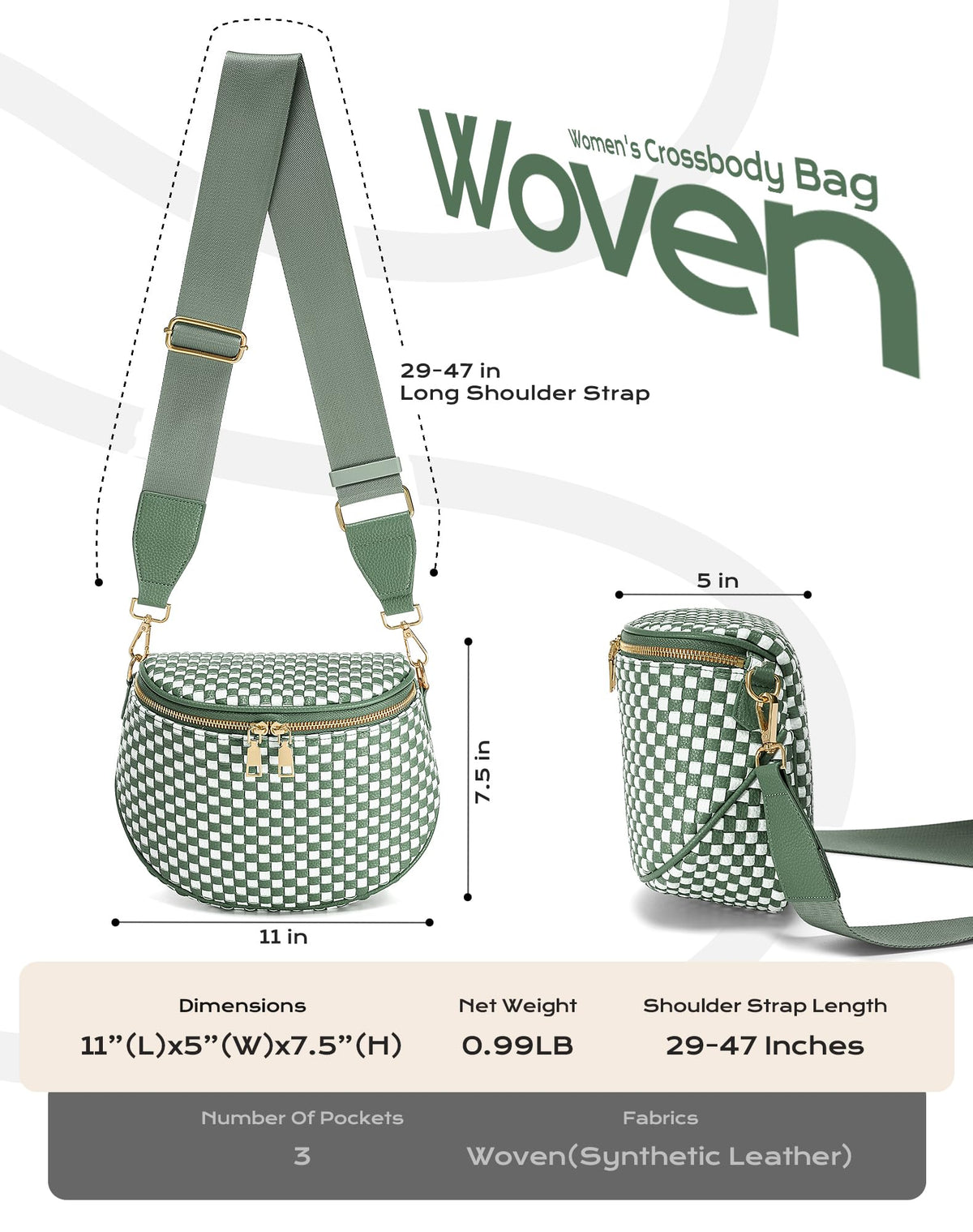 Ounamei Woven Checkered Crossbody Bum Bag | Trendy PU Leather Belt Bag with Adjustable Strap, Stylish & Versatile Everyday Companion